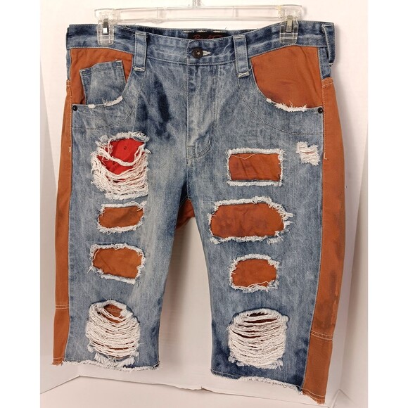 Vtg Y2K Shorts Jorts 36 Denim Acid Wash Loose Skater Grunge HipHop Distressed - Picture 3 of 12